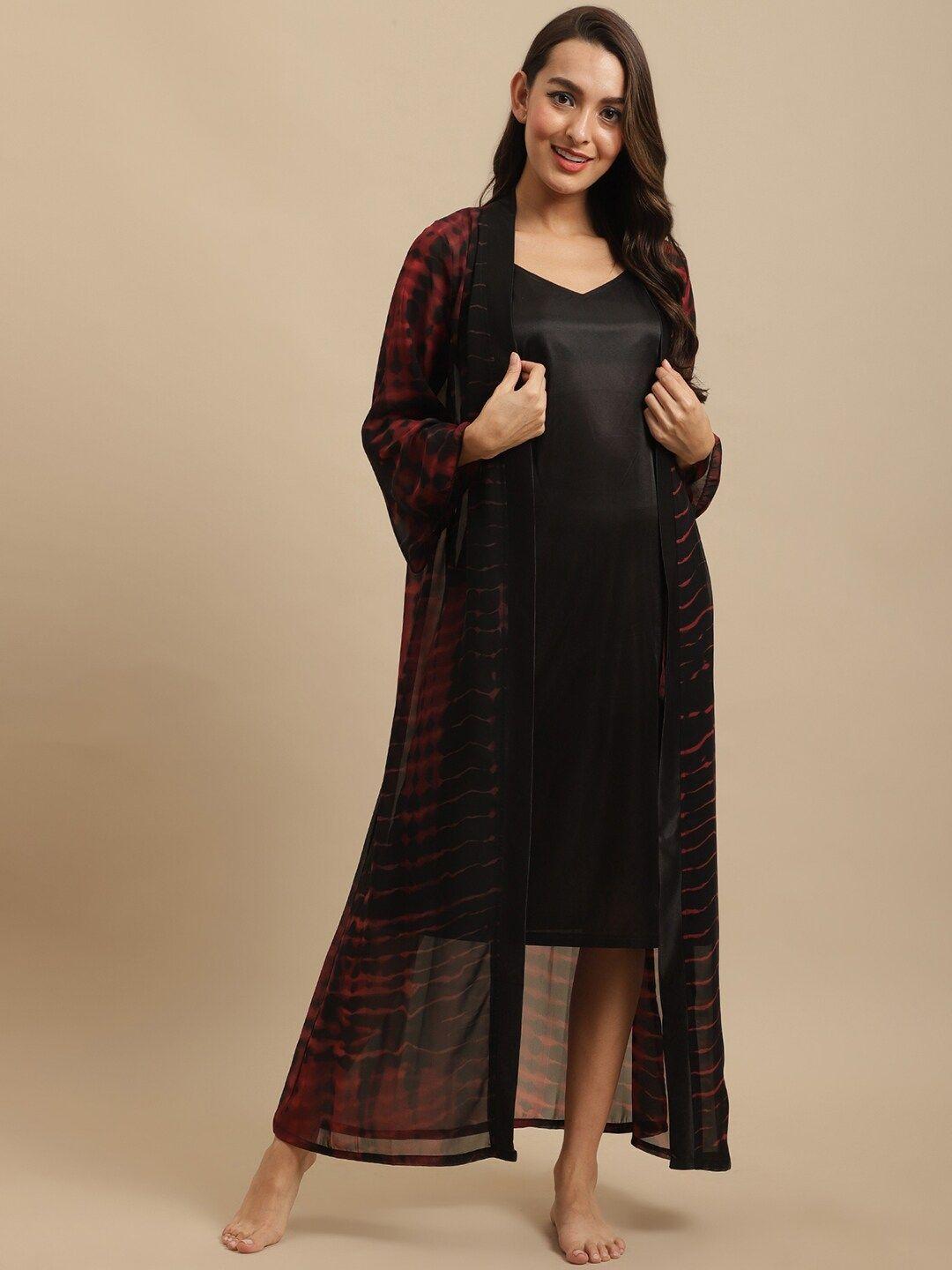 claura-women-black-&-maroon-solid-satin-nightdress-with-printed-robe