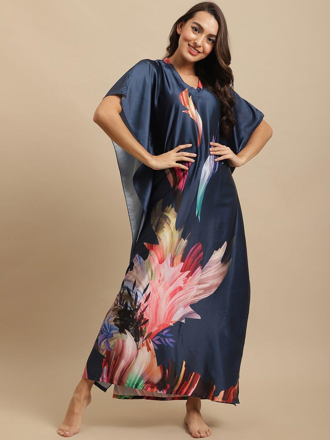 claura-women-navy-blue-&-pink-printed-satin-kaftan-maxi-nightdress