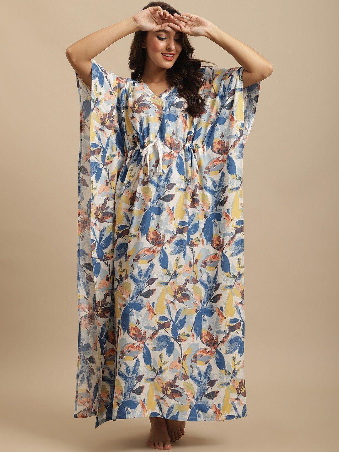 claura-women-off-white-&-blue-floral-printed-kaftan-maxi-nightdress
