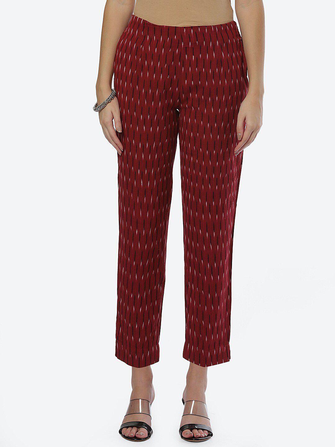 biba-women-maroon-striped-smart-straight-fit-cotton-trouser