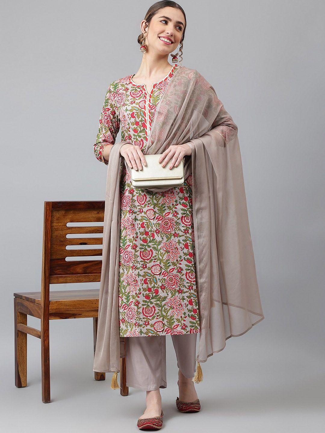 khushal-k-women-grey-floral-printed-kurta-with-trousers-&-with-dupatta