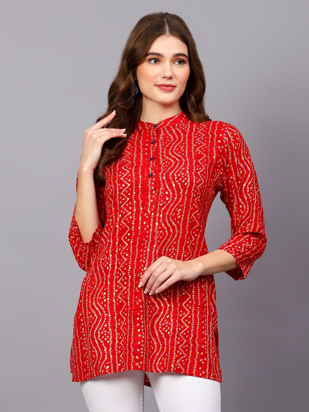 indietoga-women-plus-size-red-mandarin-collar-bandhani-printed-tunic