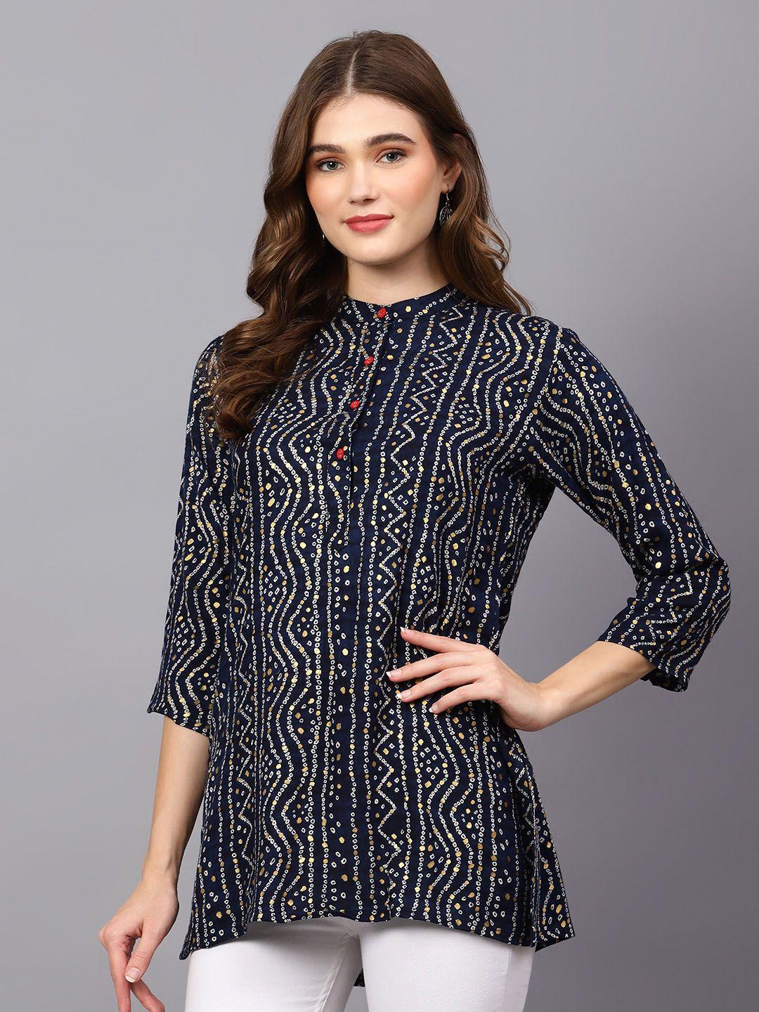indietoga-women-plus-size-navy-blue-mandarin-collar-bandhani-printed-tunic