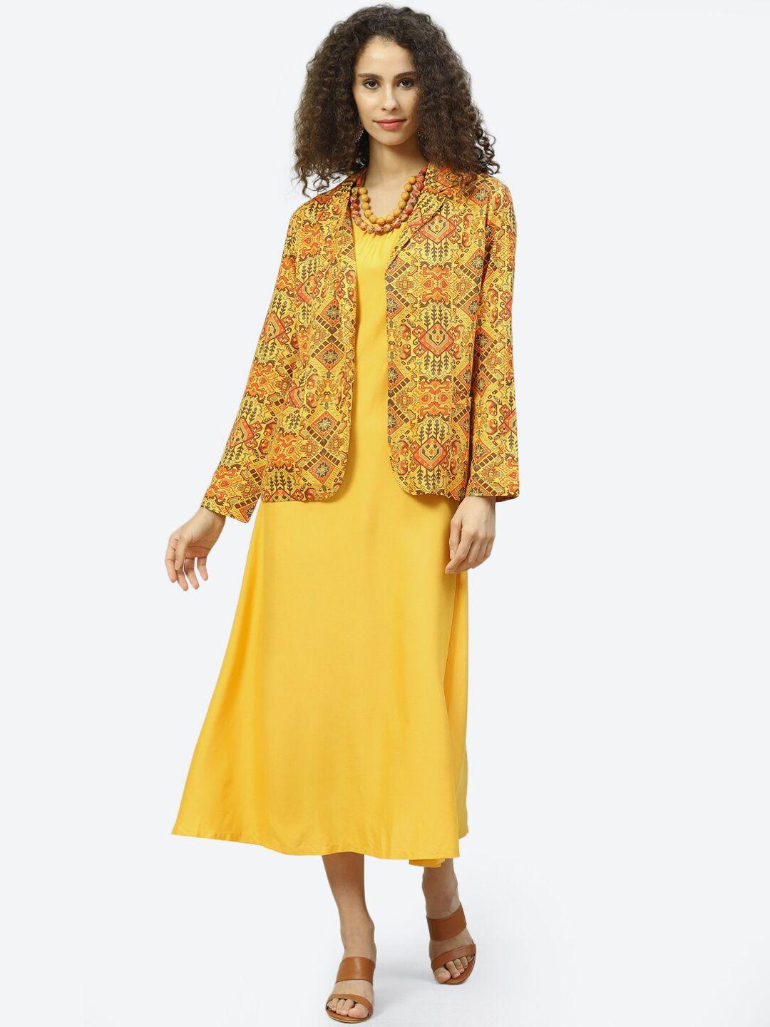 biba-women-mustard-yellow-solid-dress-with-ethnic-motifs-jacket