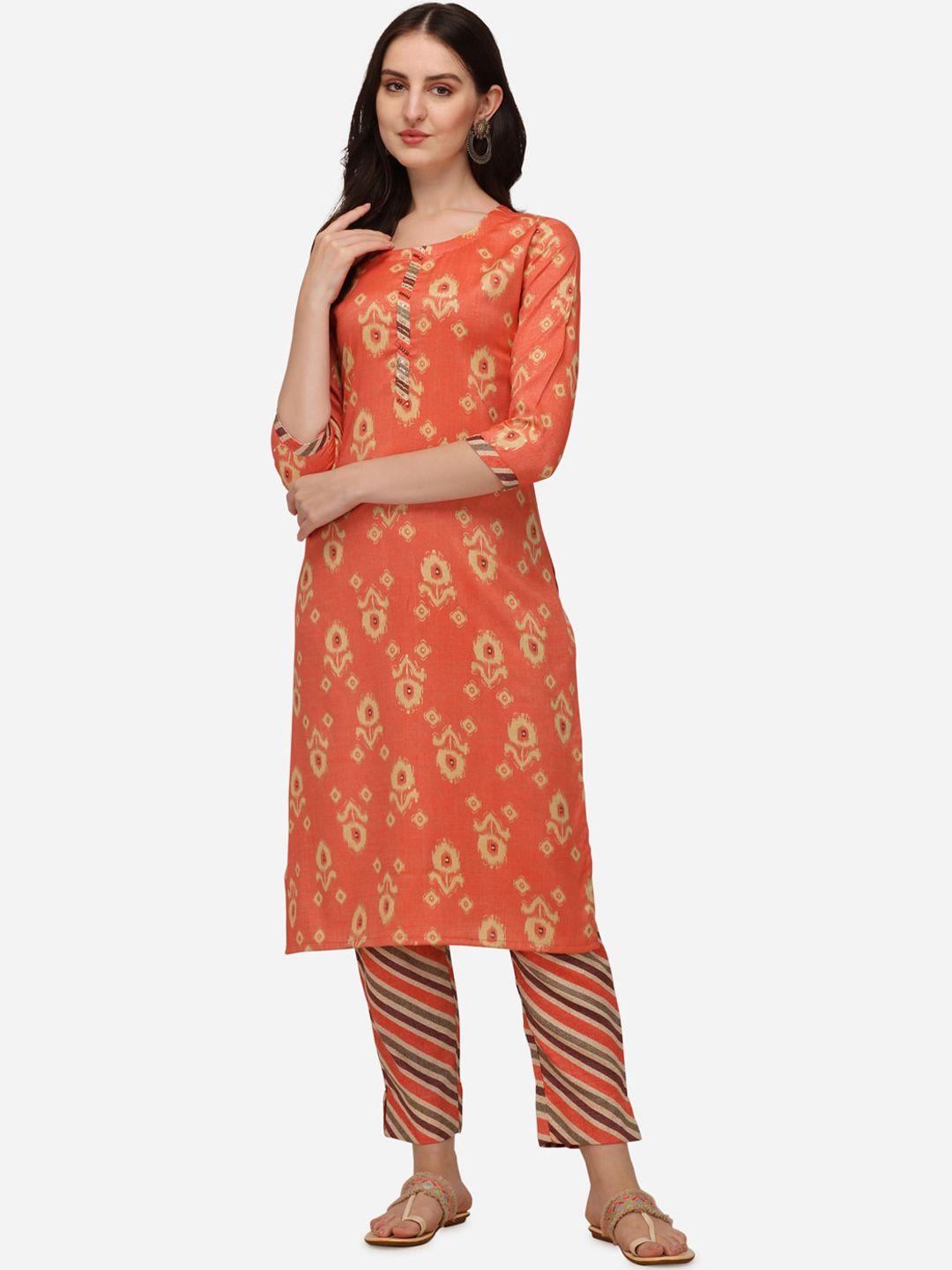 pure-9-women-orange-floral-printed-kurta-with-trousers