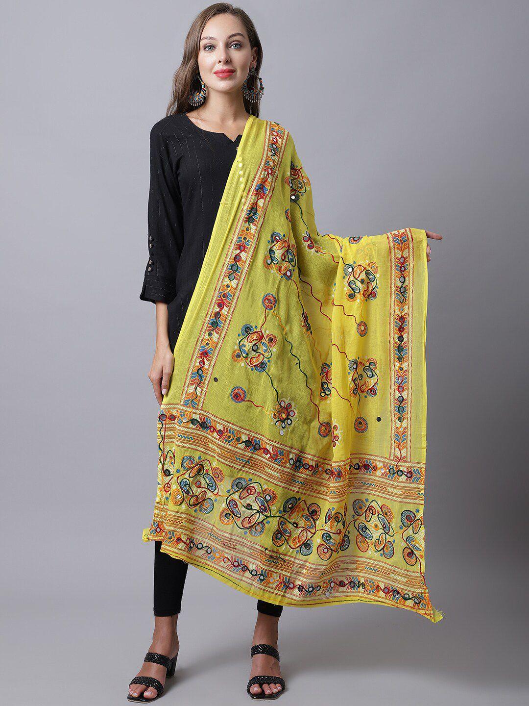 soundarya-women-yellow-&-orange-embroidered-pure-cotton-kalamkari-dupatta-with-phulkari