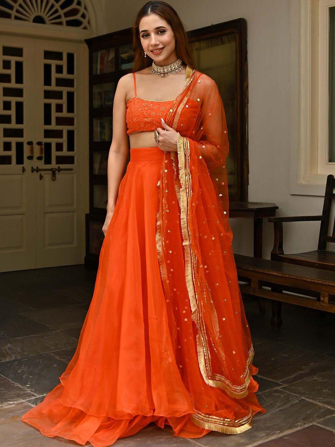 lavanya-the-label-orange-&-gold-toned-embroidered-thread-work-ready-to-wear-lehenga-&-blouse-with-dupatta