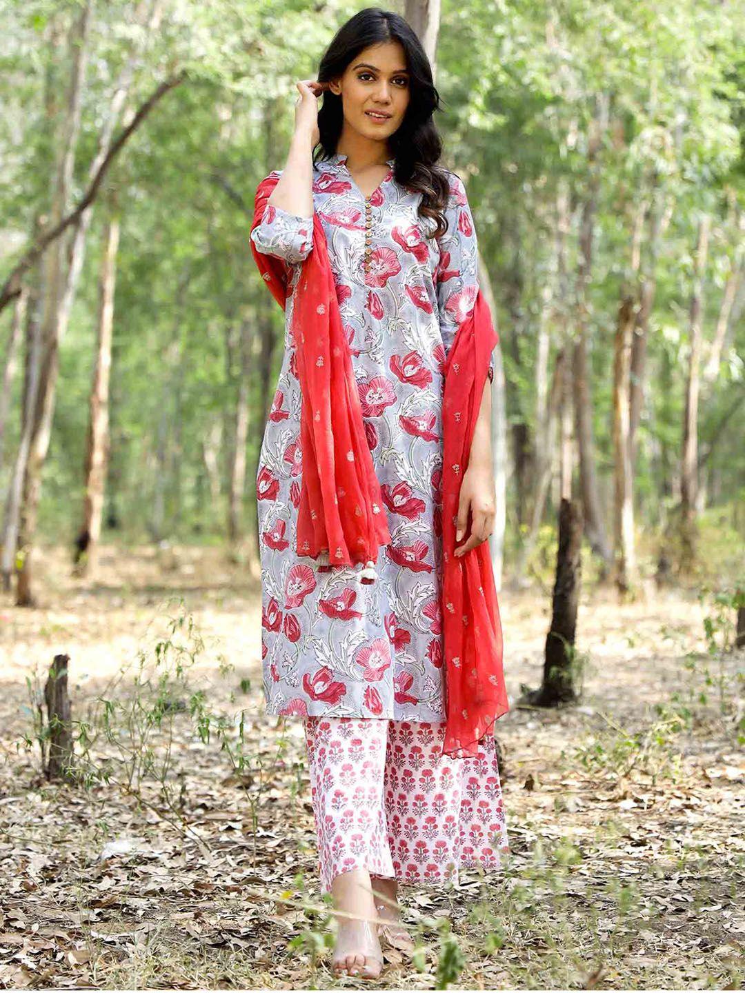 kapraaha-women-grey-floral-printed-pure-cotton-kurta-with-palazzos-&-with-dupatta