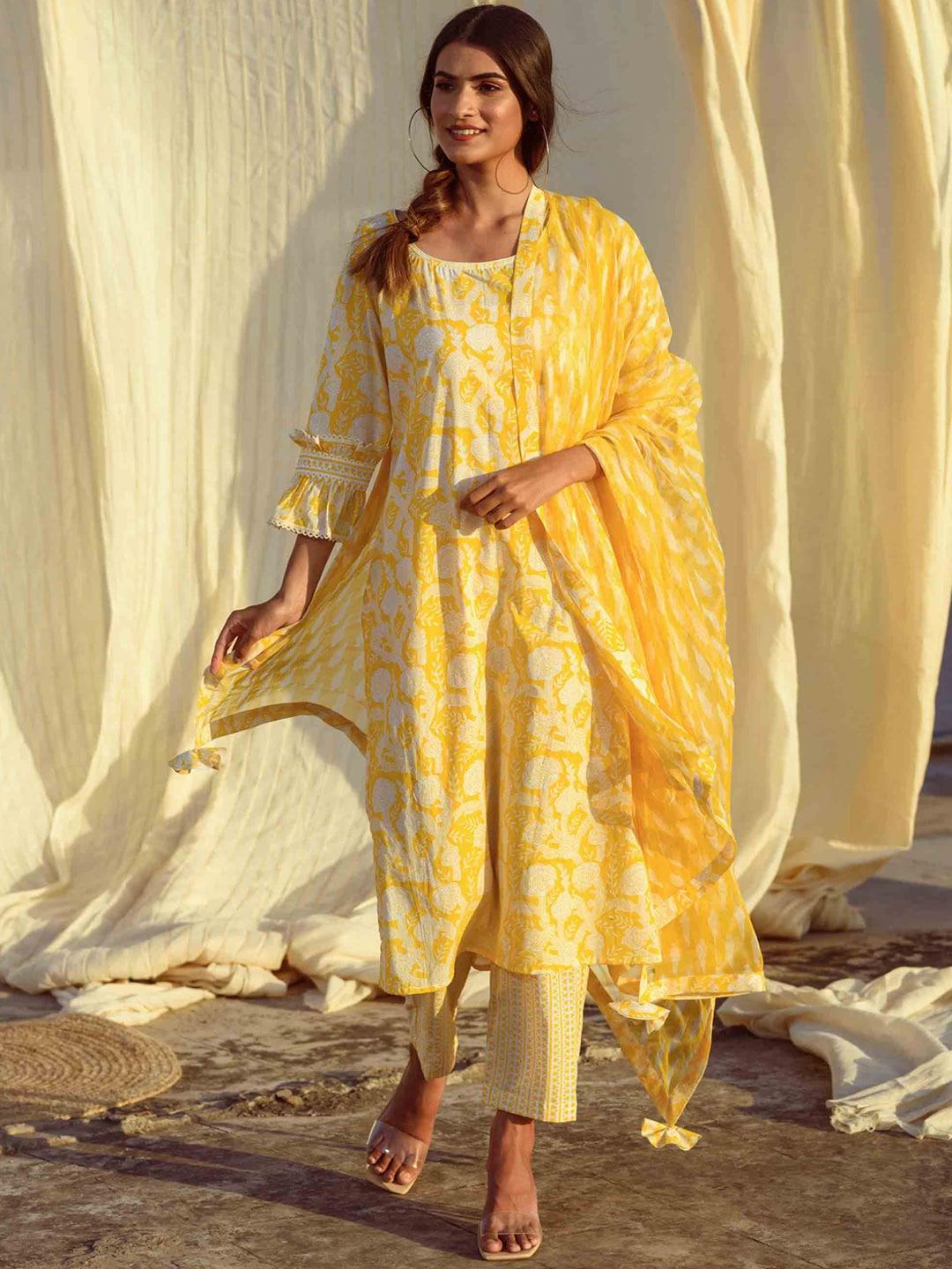 kapraaha-women-yellow-floral-printed-pure-cotton-kurta-with-trousers-&-dupatta
