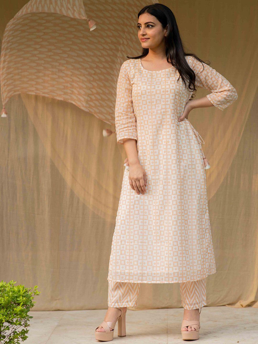 kapraaha-women-peach-coloured-printed-pure-cotton-kurta-with-trousers-&-dupatta