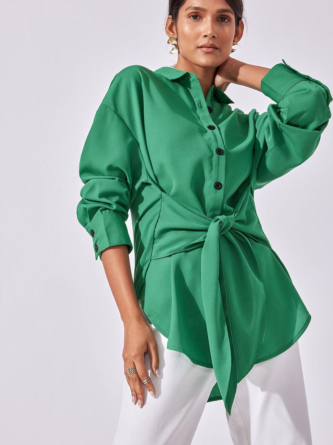 the-label-life-women-green-tie-up-casual-shirt