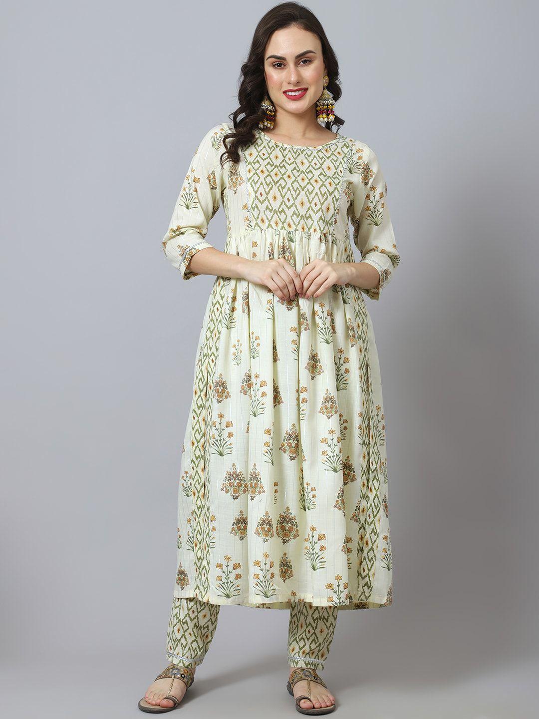 tulsattva-women-off-white-&-green-floral-printed-pure-cotton-kurta-with-trouser