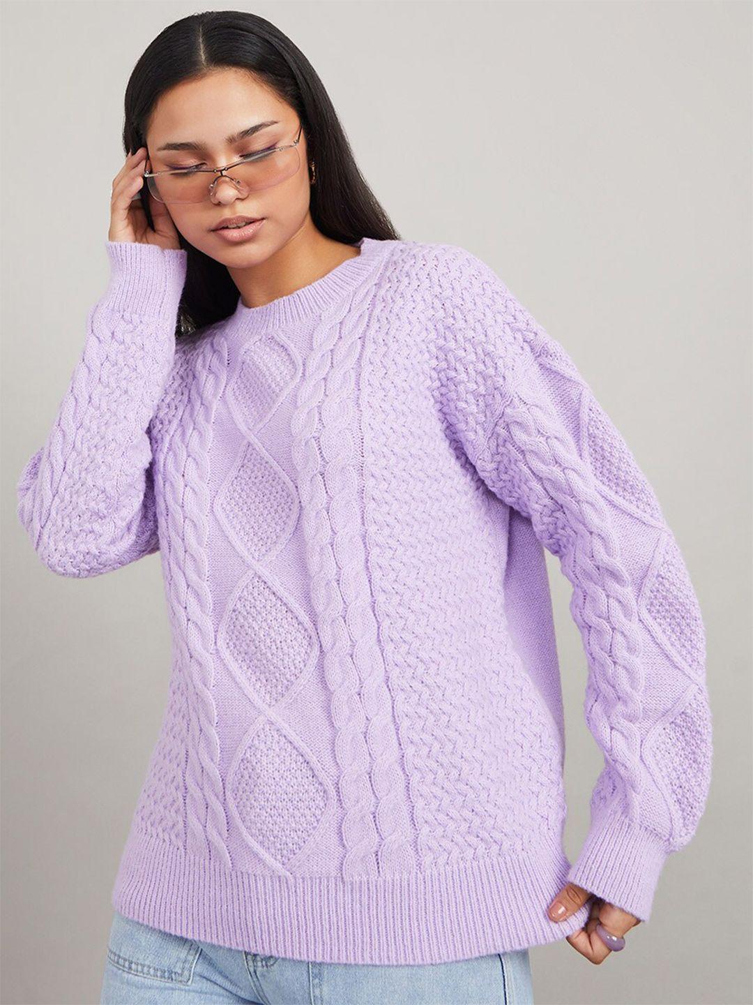 styli-women-purple-self-design-round-neck-pullover