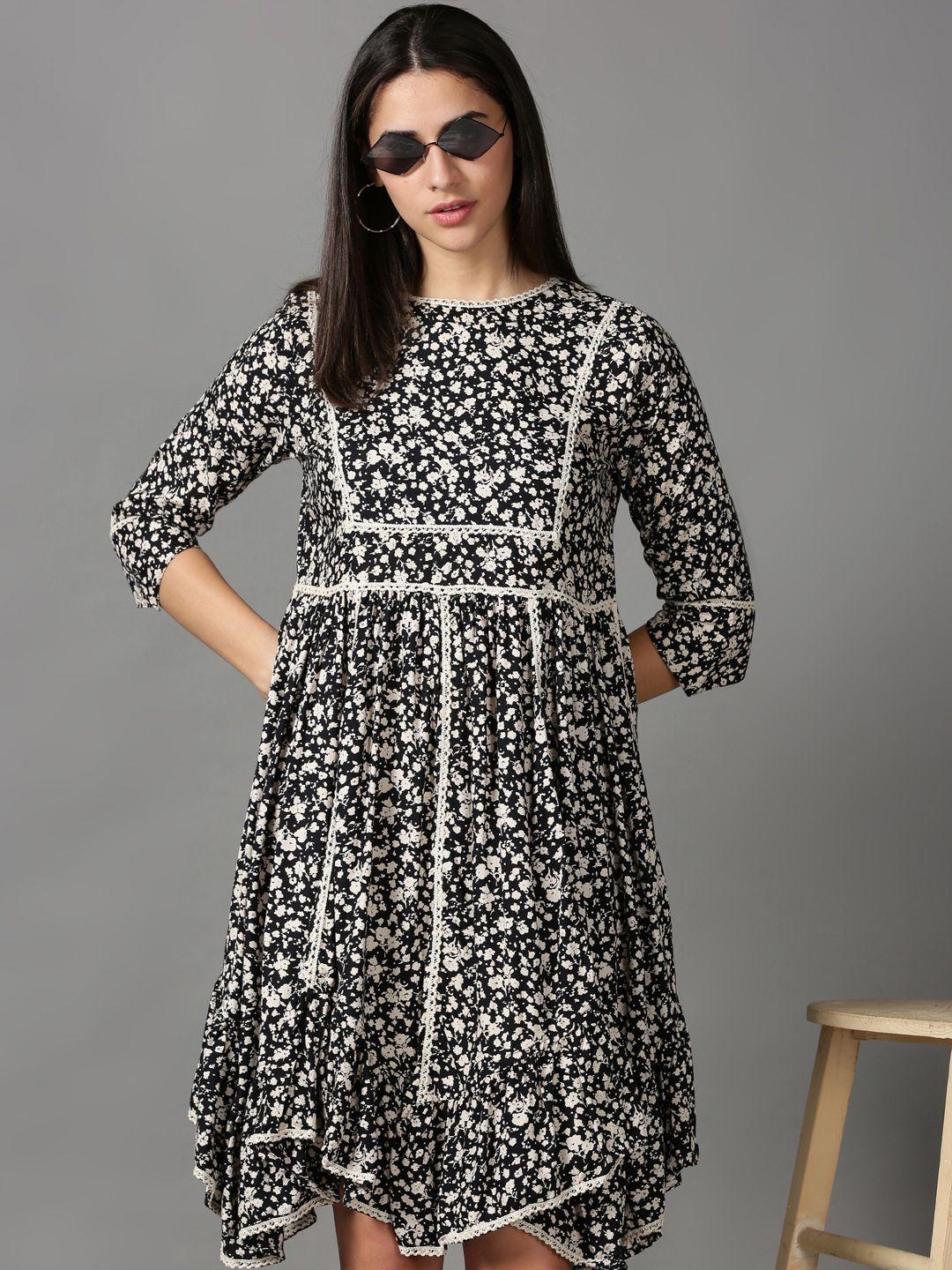 showoff-women-black-&-cream-coloured-cotton-floral-dress