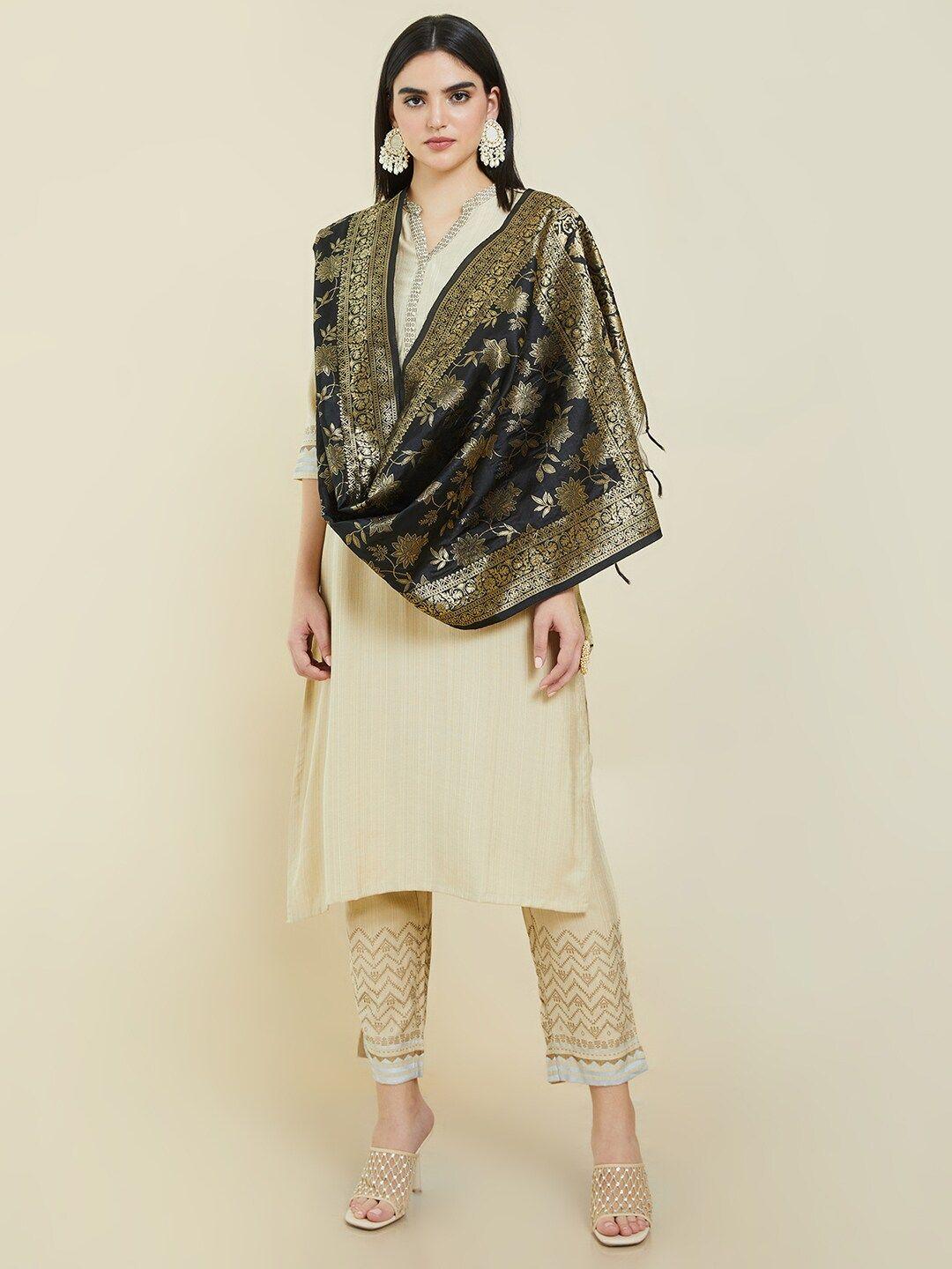 soch-women-black-&-gold-toned-ethnic-motifs-woven-design-dupatta