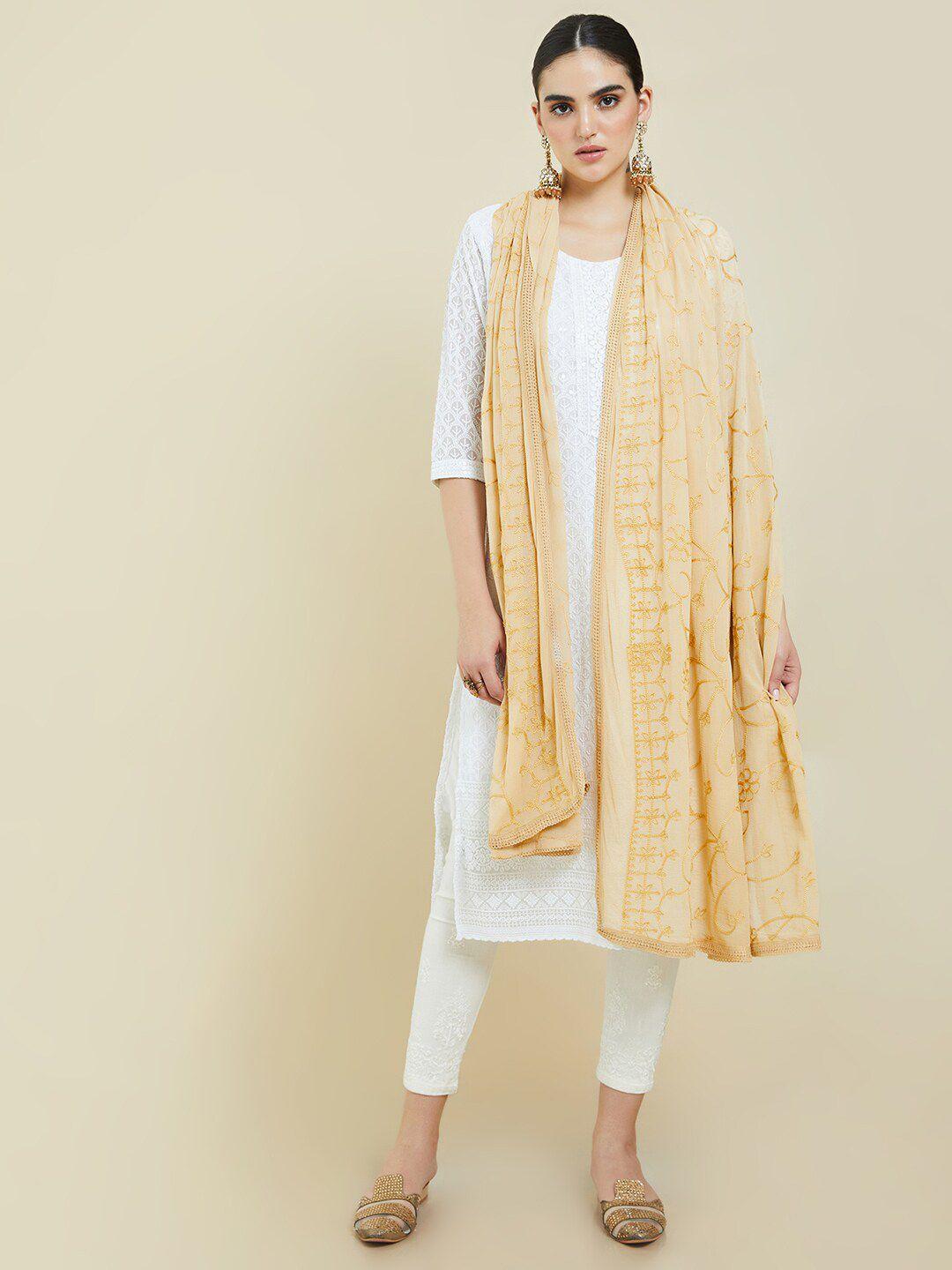 soch-women-gold-toned-floral-embroidered-dupatta