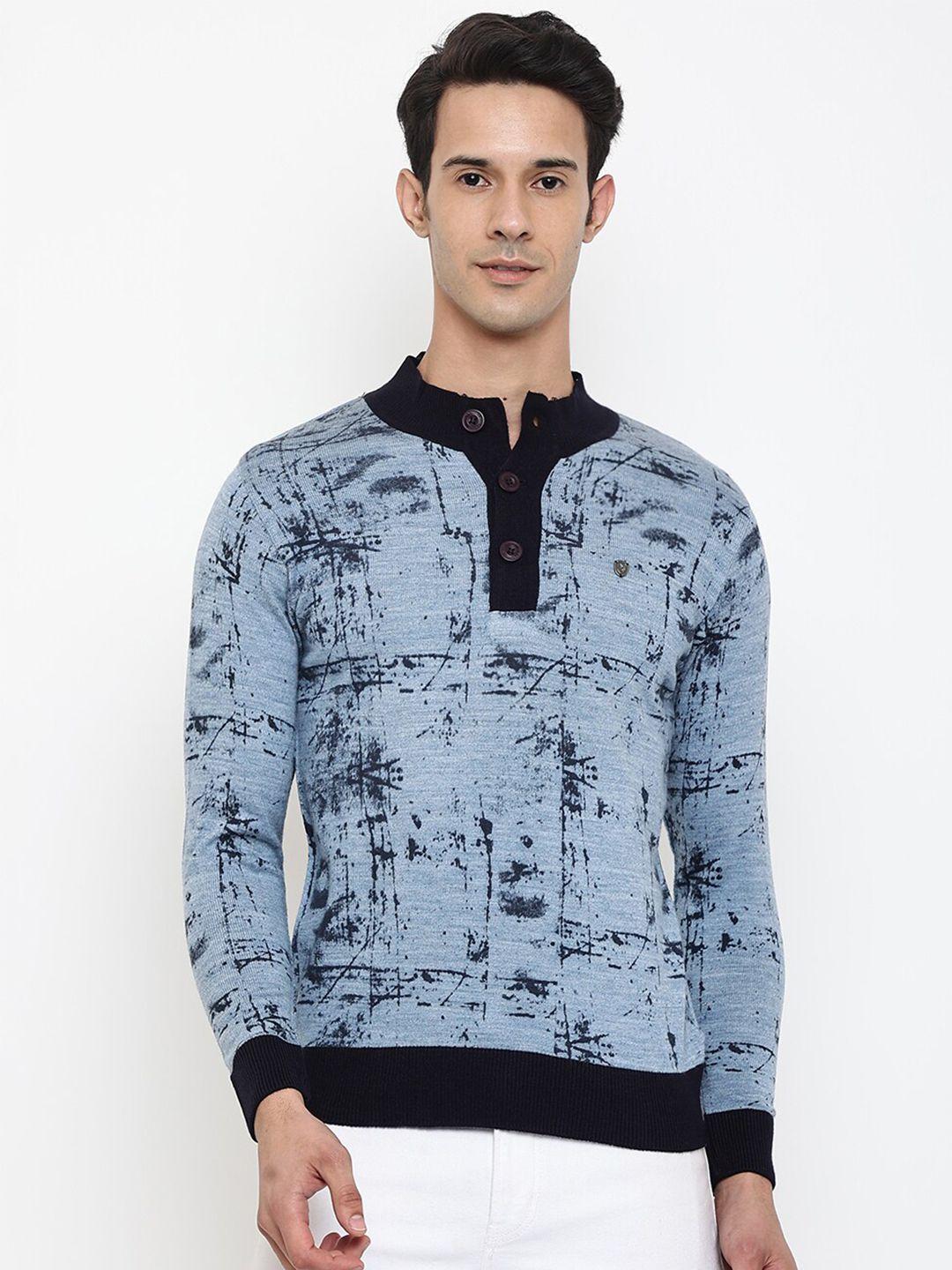 cantabil-men-turquoise-blue-&-black-abstract-printed-wool-pullover