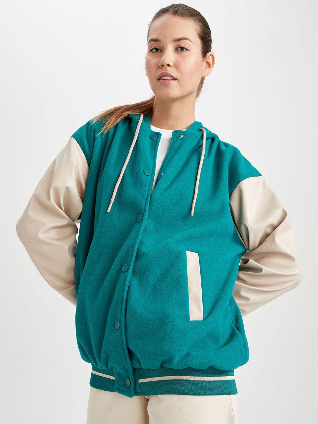 defacto-women-green-&-white-colourblocked-varsity-jacket