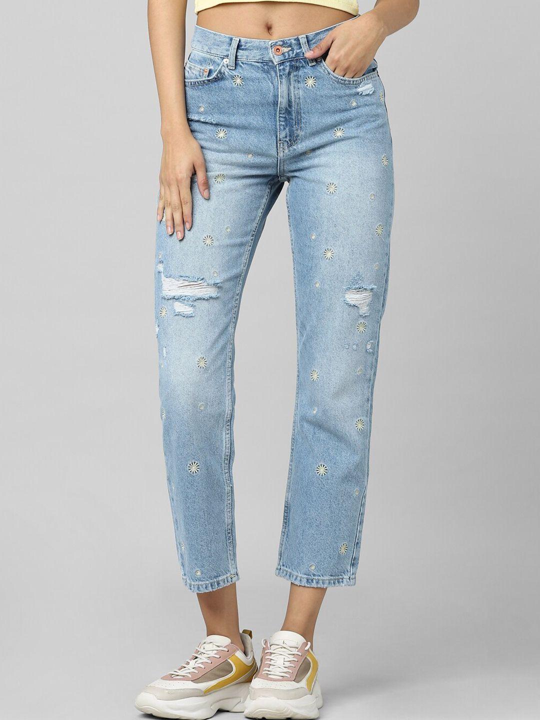 only-women-blue-straight-fit-onlfine-hw-emb-light-fade-pure-cotton-jeans
