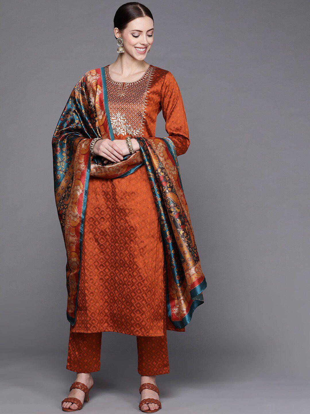 varanga-women-rust-ethnic-motifs-embroidered-kurta-with-trousers-&-dupatta