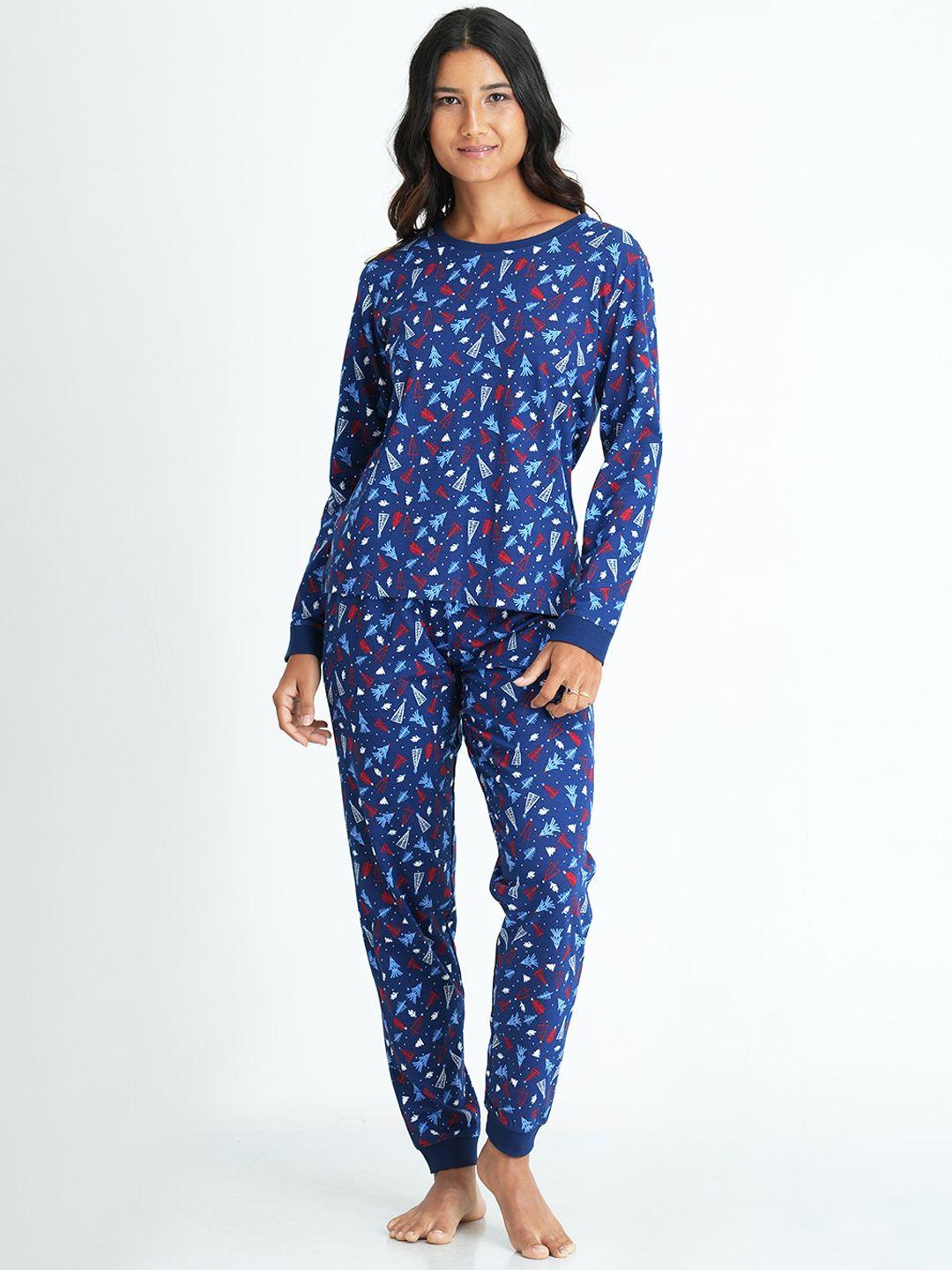 mackly-women-navy-blue-&-blue-printed-night-suit