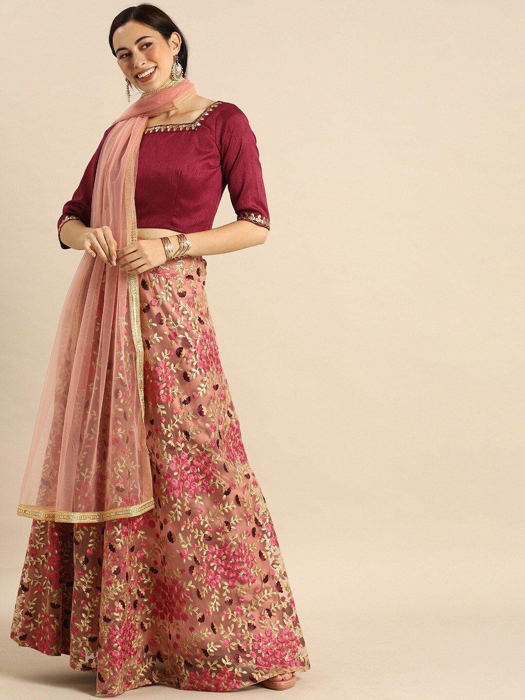 fusionic-peach-coloured-&-gold-toned-embroidered-semi-stitched-lehenga-&-unstitched-blouse-with-dupatta