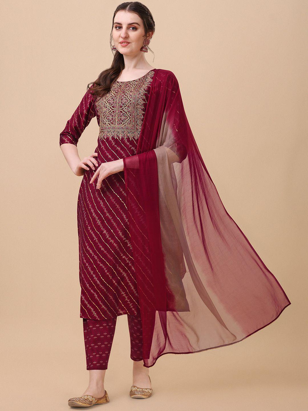 berrylicious-women-maroon-leheriya-chanderi-cotton-kurta-with-trousers-&-dupatta