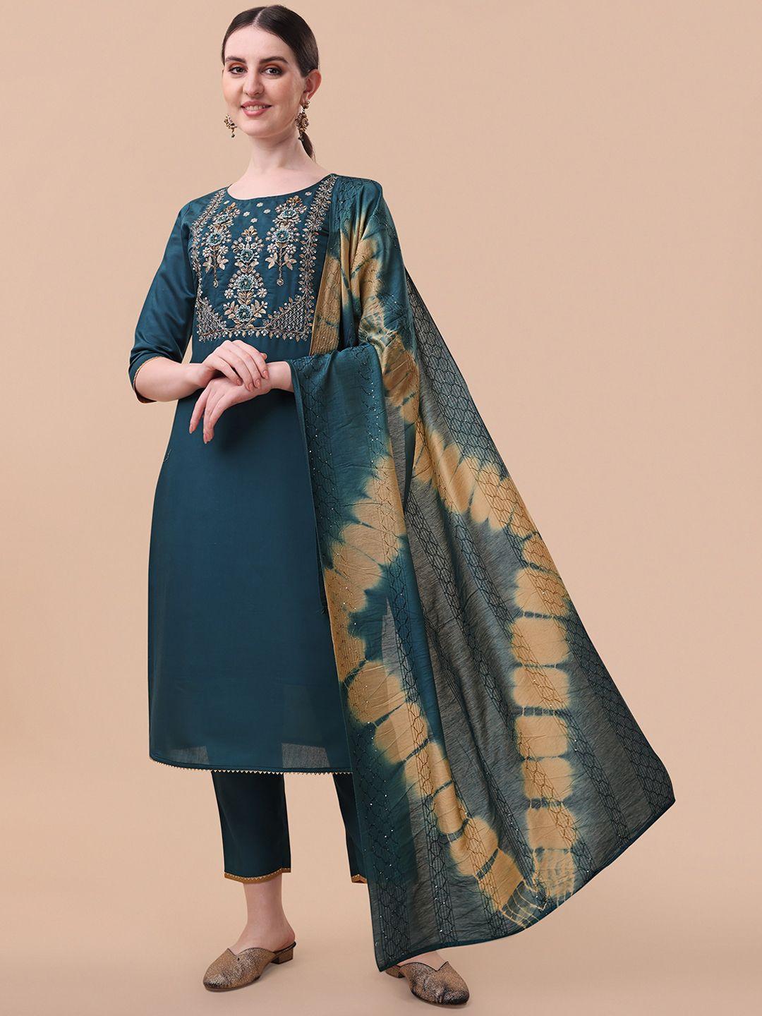berrylicious-women-teal-ethnic-motifs-embroidered-kurta-with-trousers-&-dupatta
