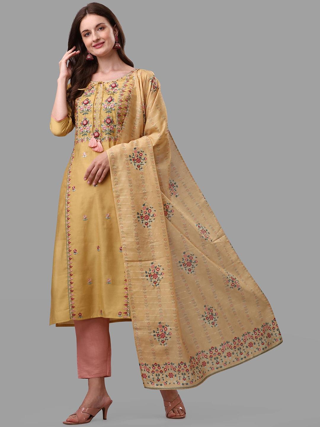 berrylicious-women-yellow-floral-embroidered-thread-work-chanderi-cotton-kurta-with-trousers-&-with-dupatta