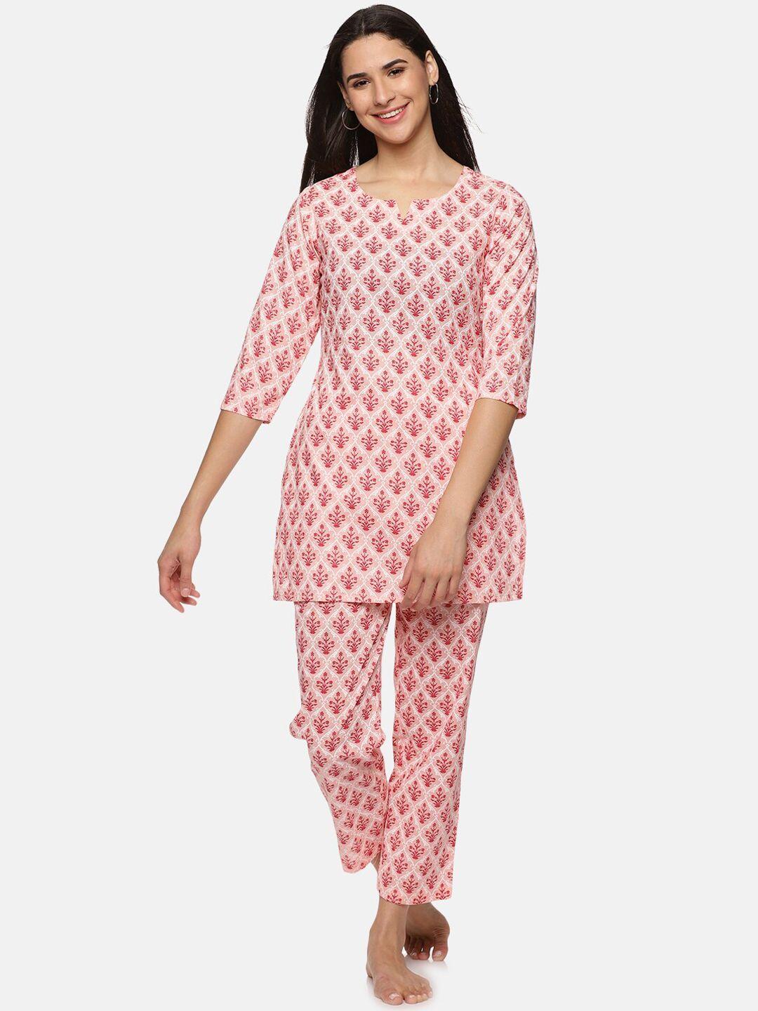 palakh-women-peach-coloured-&-white-printed-pure-cotton-night-suit