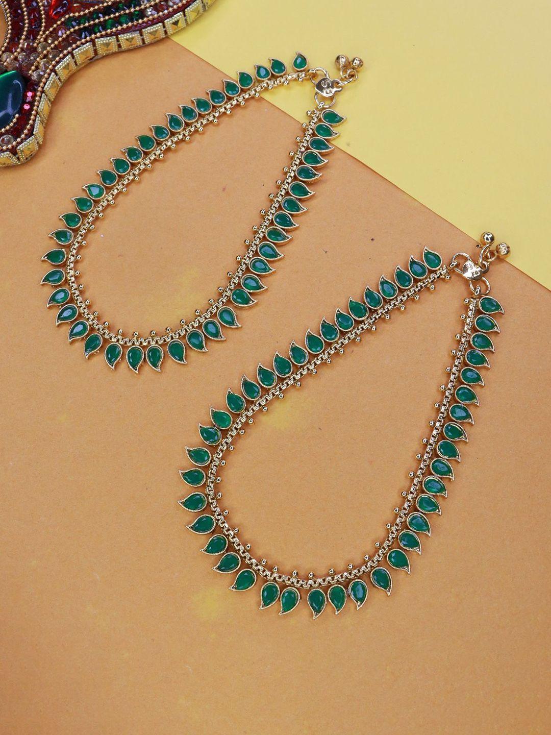 i-jewels-set-of-2-gold-toned-&-green-stone-studded-gold-plated-anklets