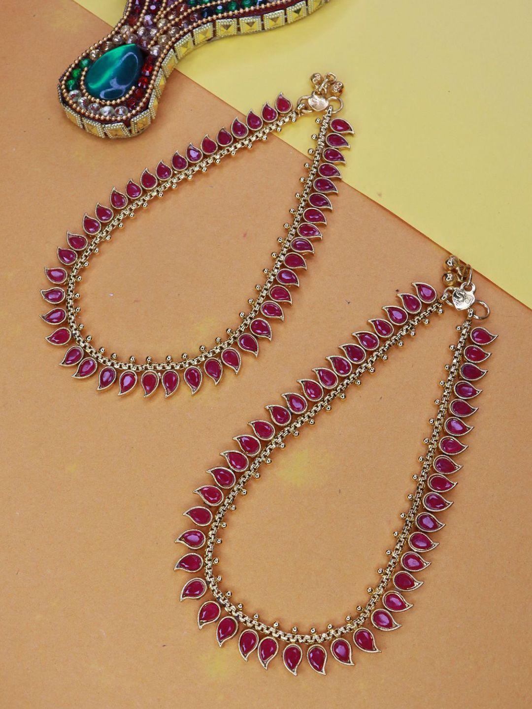 i-jewels-set-of-2-gold-toned-&-pink-kundan-studded-gold-plated-anklets
