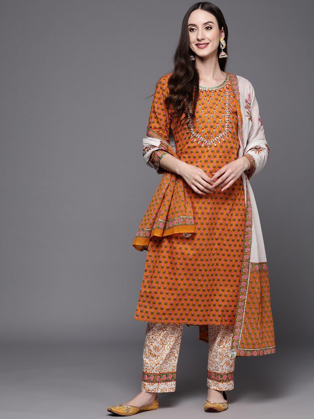 indo-era-women-orange-floral-printed-gotta-patti-kurta-with-trousers-&-dupatta