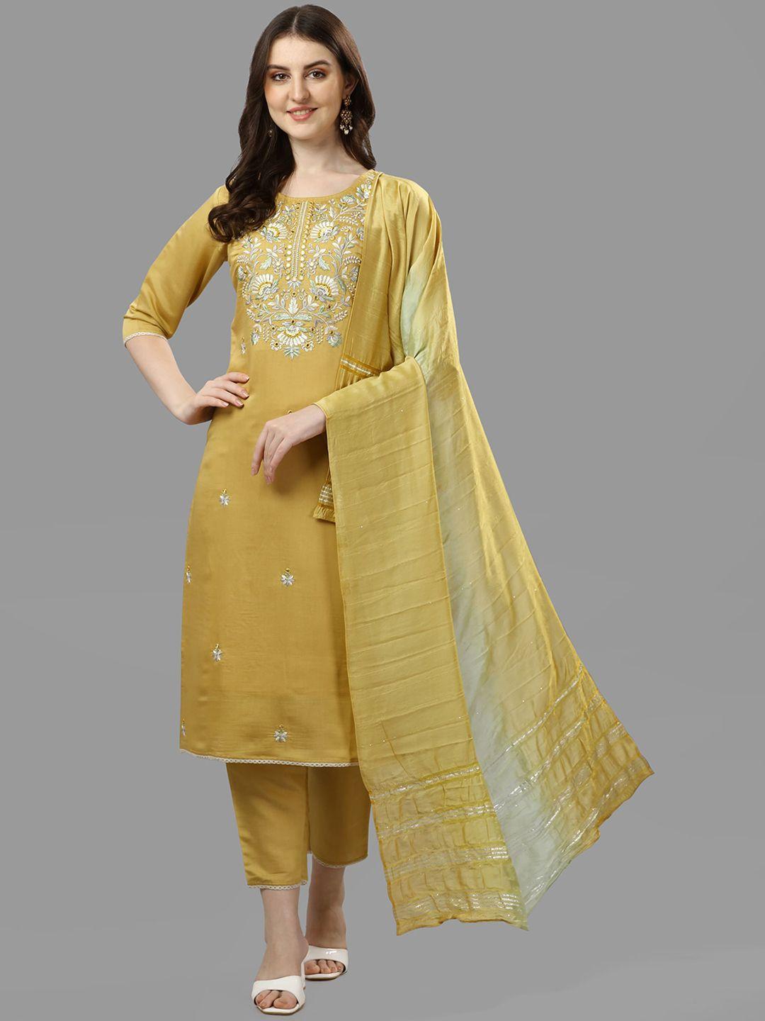 berrylicious-women-mustard-yellow-floral-chanderi-cotton-kurta-with-trousers-&-dupatta