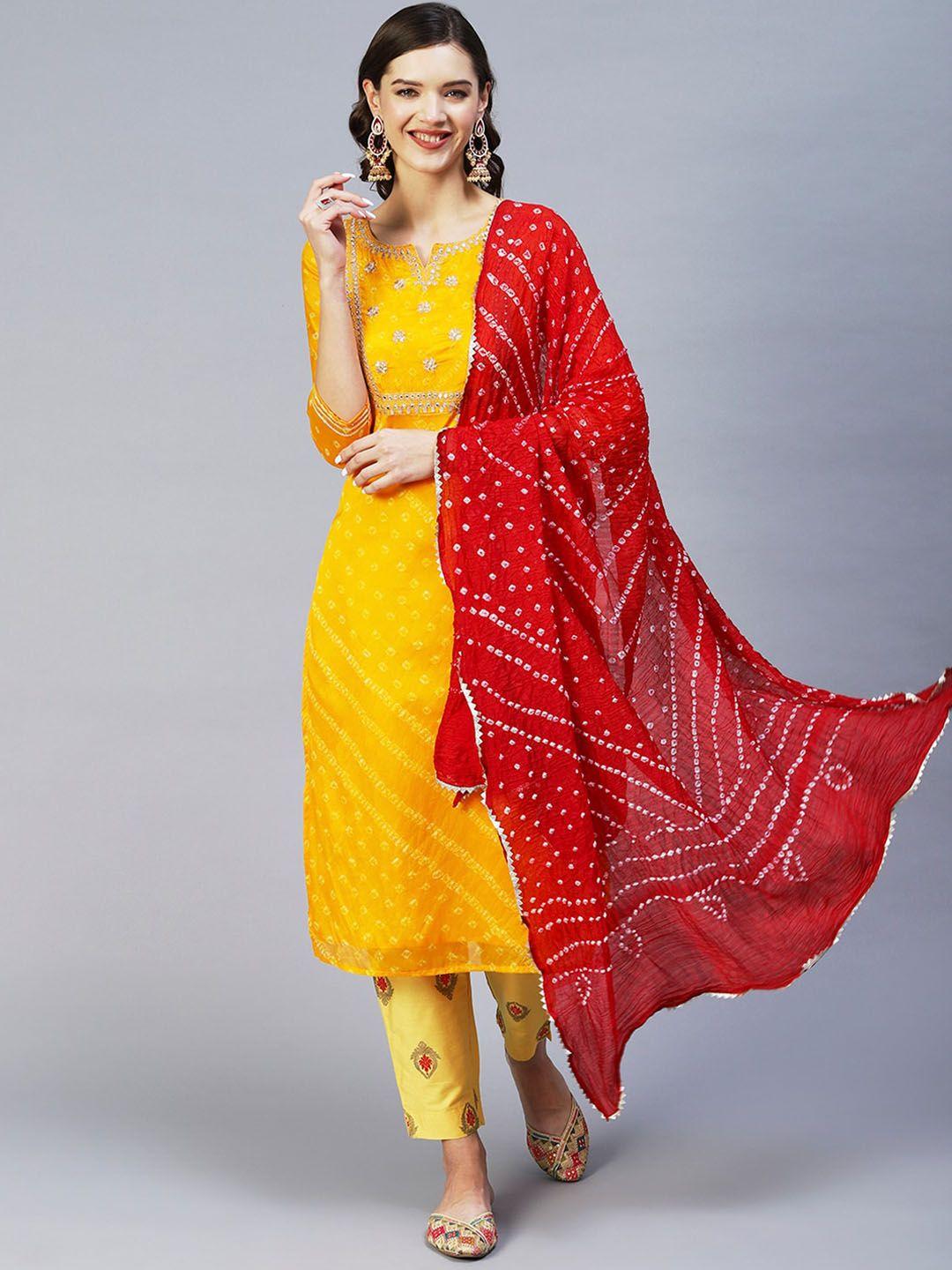 fashor-women-yellow-bandhani-printed-silk-chiffon-kurta-with-trousers-&-with-dupatta