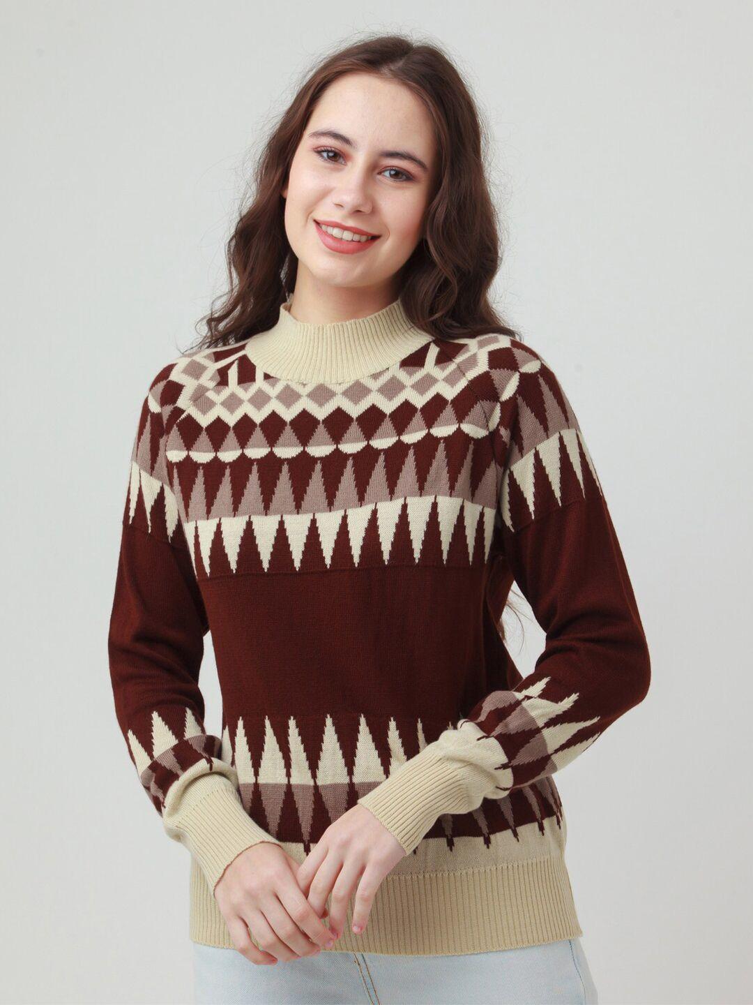 zink-london-women-brown-&-cream-coloured-printed-pullover-sweater
