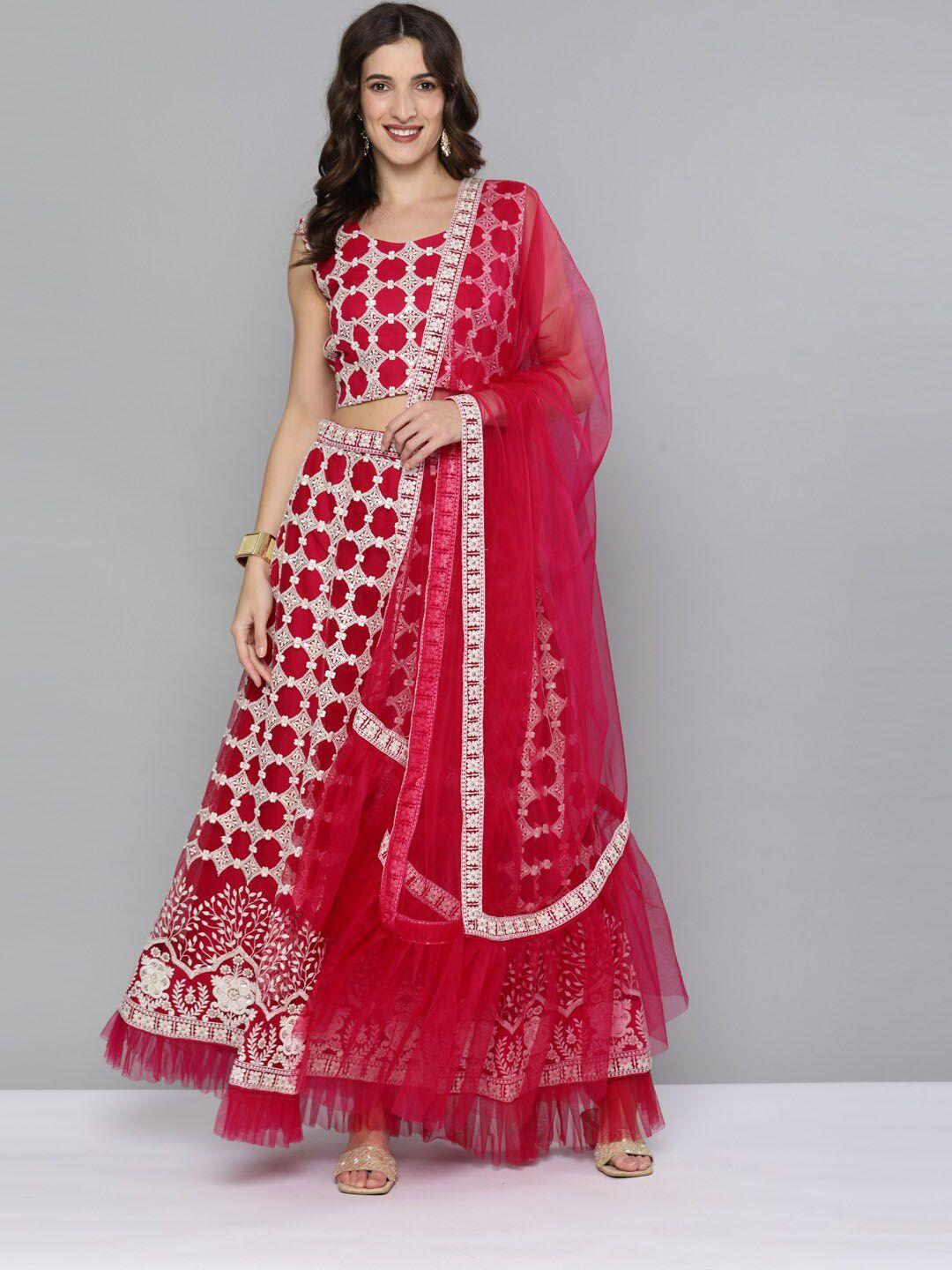 kvsfab-pink-&-white-embroidered-thread-work-semi-stitched-lehenga-&-blouse-with-dupatta