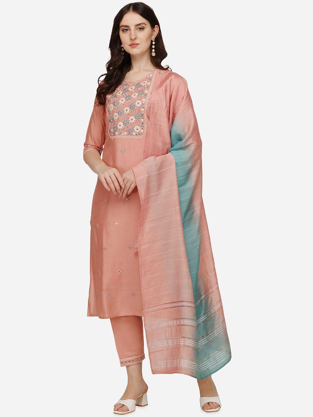 berrylicious-women-pink-floral-embroidered-thread-work-chanderi-cotton-kurta-with-trousers-&-with-dupatta