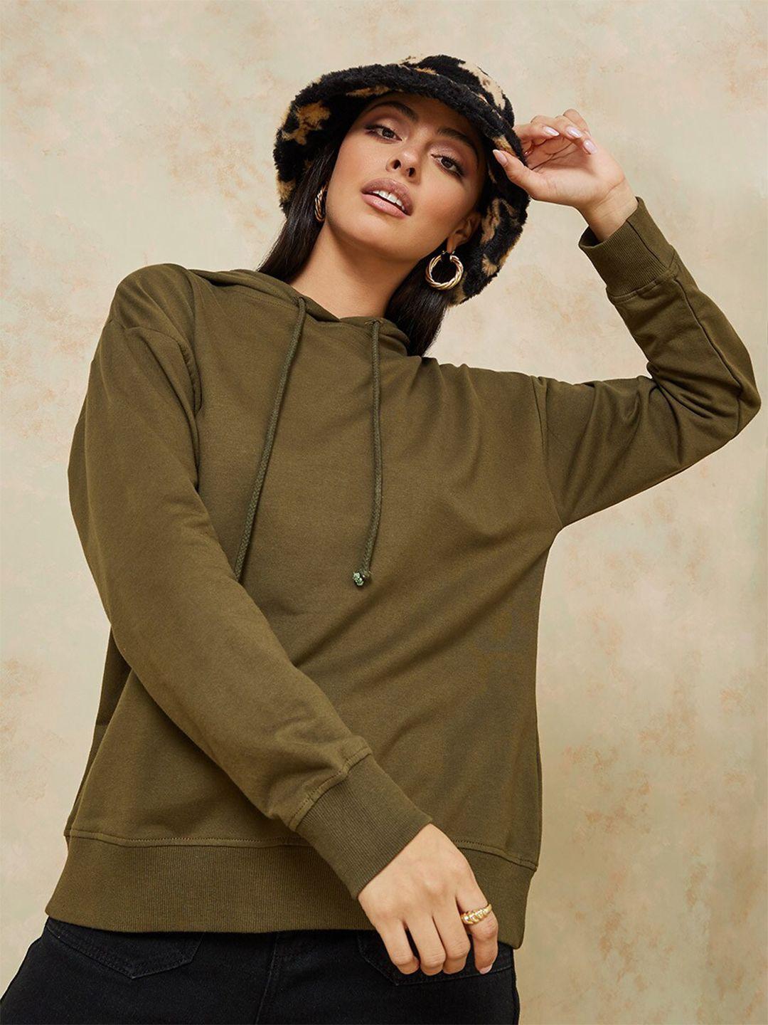 styli-women-olive-green-cotton-hooded-sweatshirt