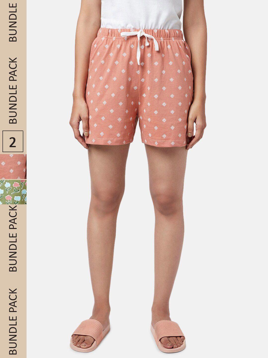 yu-by-pantaloons-women-peach-coloured-&-green-pack-of-2-printed-lounge-shorts