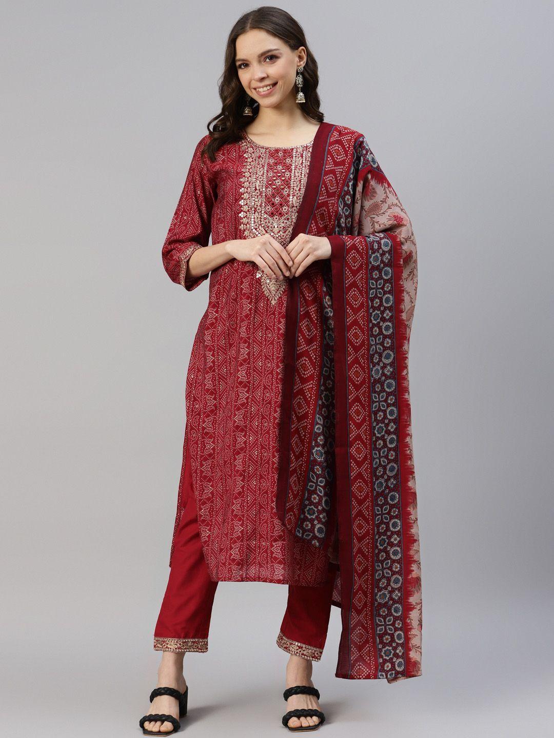 divyank-women-bandhani-printed-chanderi-cotton-kurta-with-trousers-&-dupatta