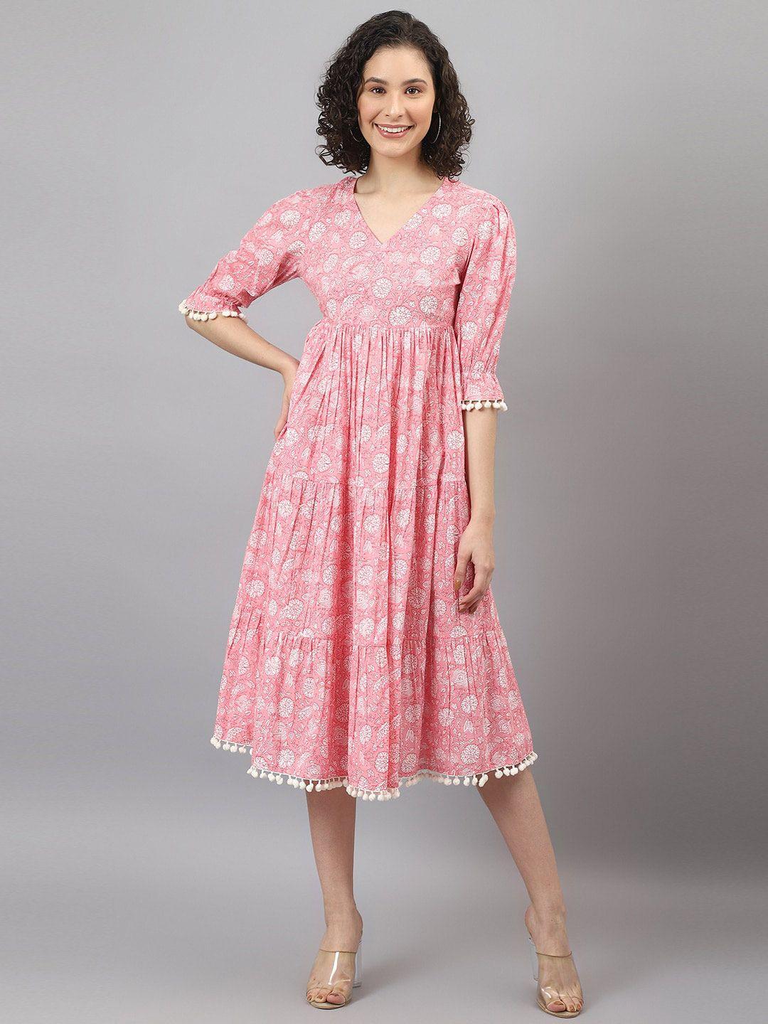 deebaco-pink-floral-printed-puff-sleeves-fit-&-flare-cotton-dress