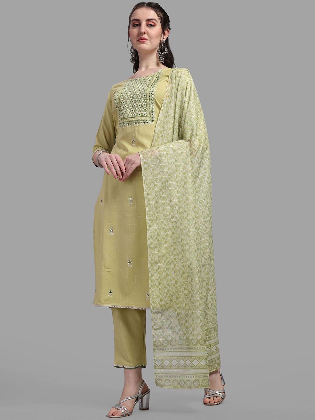 berrylicious-women-green-ethnic-embroidered-pure-cotton-kurta-with-trousers-&-dupatta