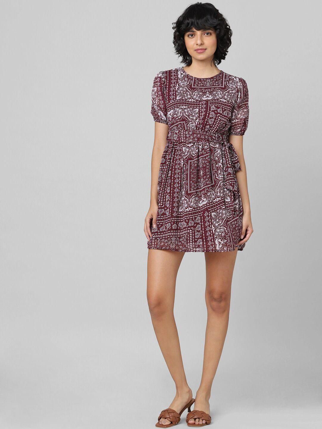 only-women-maroon-&-white-ethnic-motifs-printed-fit-&-flare-dress