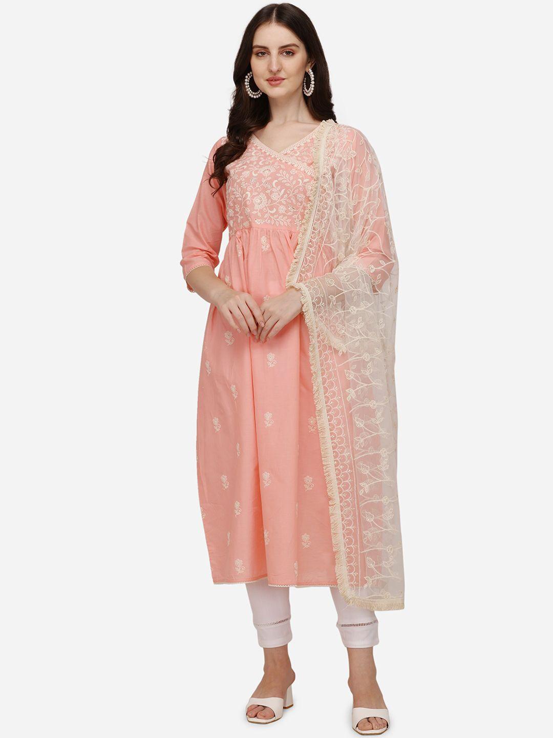 berrylicious-women-peach-floral-embroidered-angrakha-kurta-with-trousers-&-duppatta