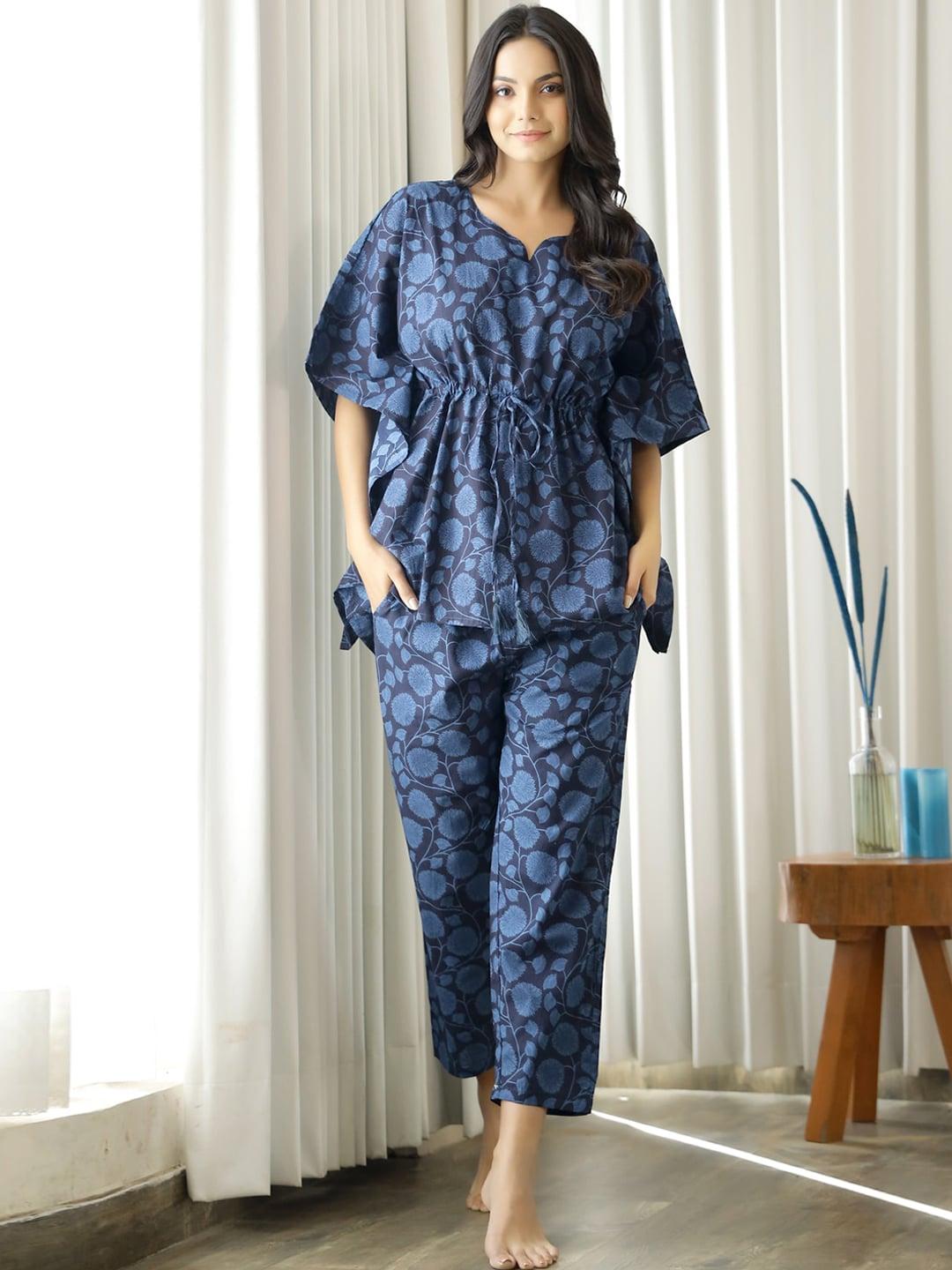 sanskrutihomes-women-navy-blue-printed-pure-cotton-night-suit