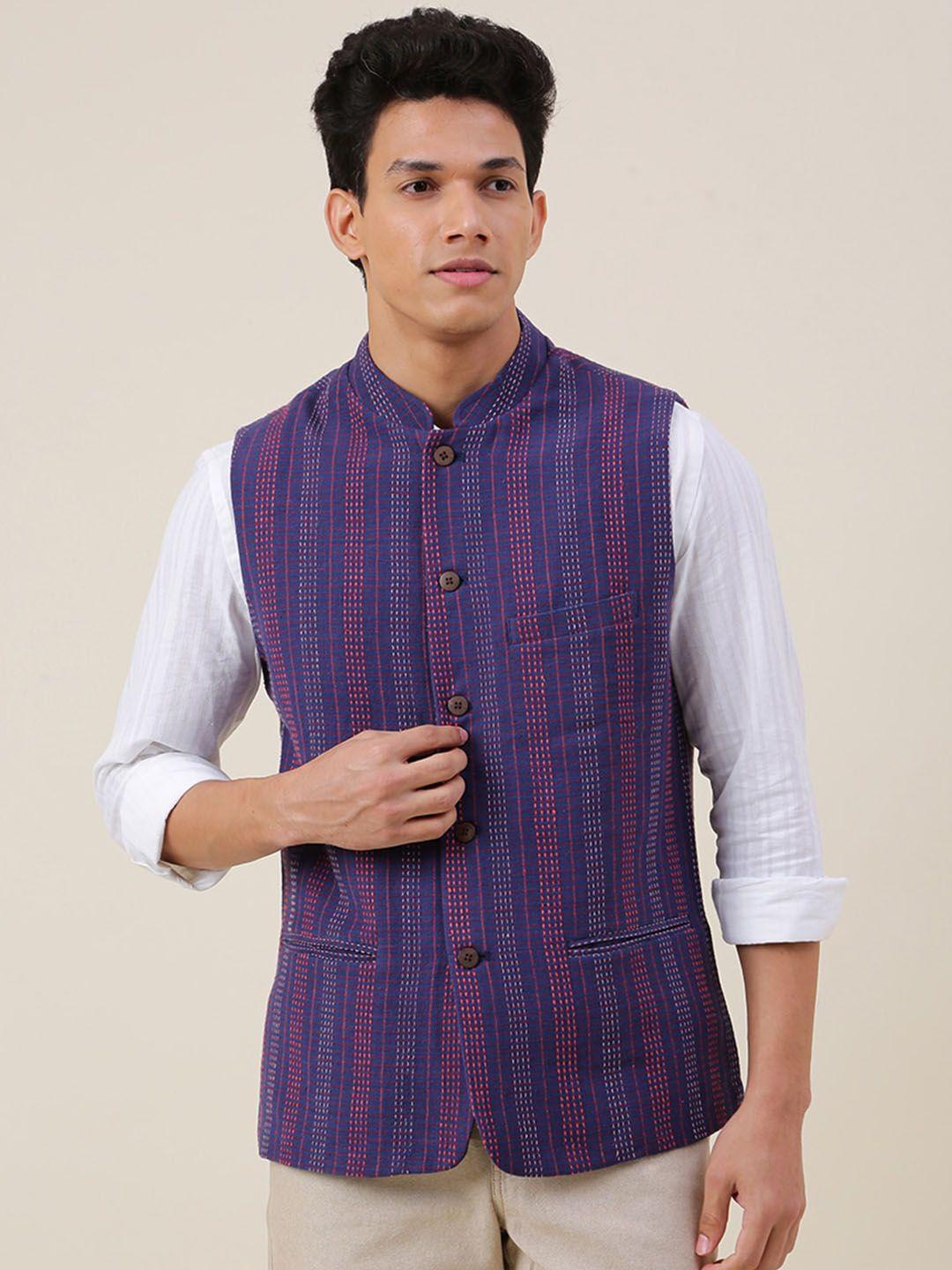 fabindia-men-blue-striped-cotton-nehru-jackets
