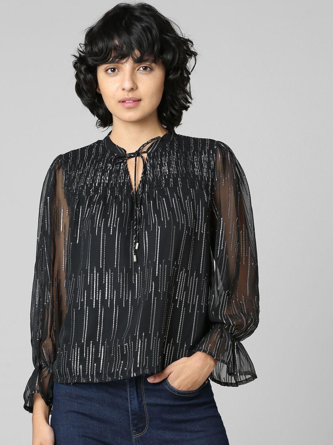 only-black-&-silver-geometric-printed-tie-up-neck-top