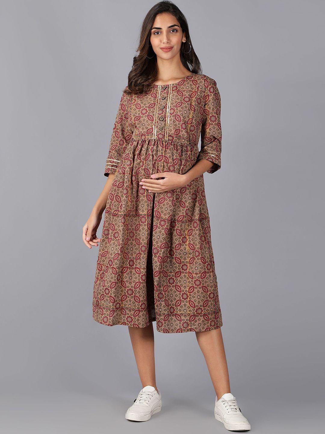 cot'n-soft-brown-ethnic-motifs-ethnic-printed-maternity-a-line-cotton-???????dress