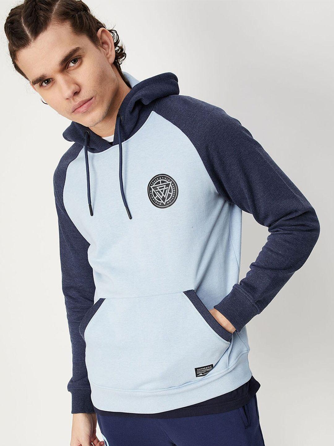 max-men-blue-colourblocked-cotton-hooded-sweatshirt